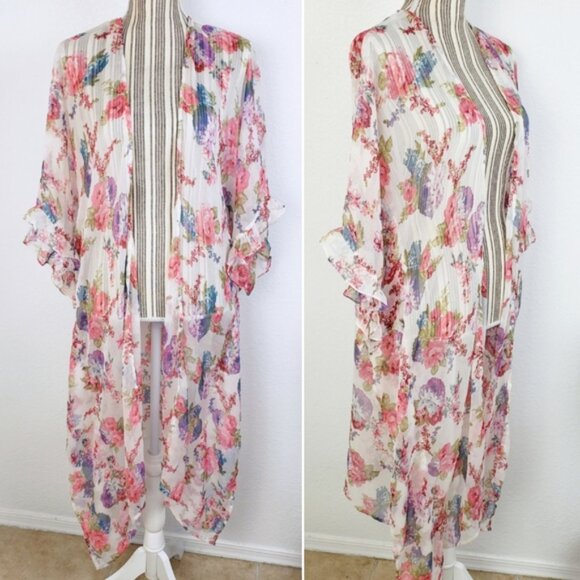 Betsey Johnson Floral Print Sheer Kimono Ruffled Swim Cover-up Loungewear O/S - Picture 3 of 12